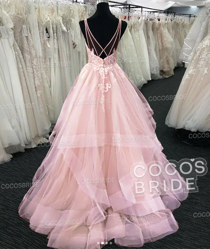 Long A-line Tulle V Neck Open Back Long Layered Wedding Dress