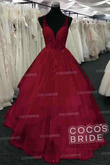 Long A-line Tulle V Neck Open Back Long Layered Wedding Dress