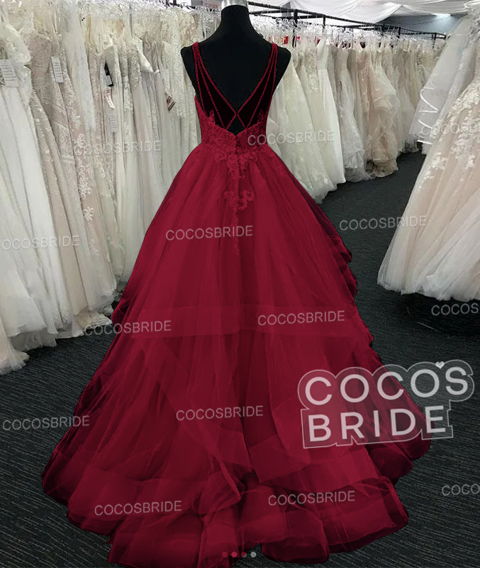 Long A-line Tulle V Neck Open Back Long Layered Wedding Dress