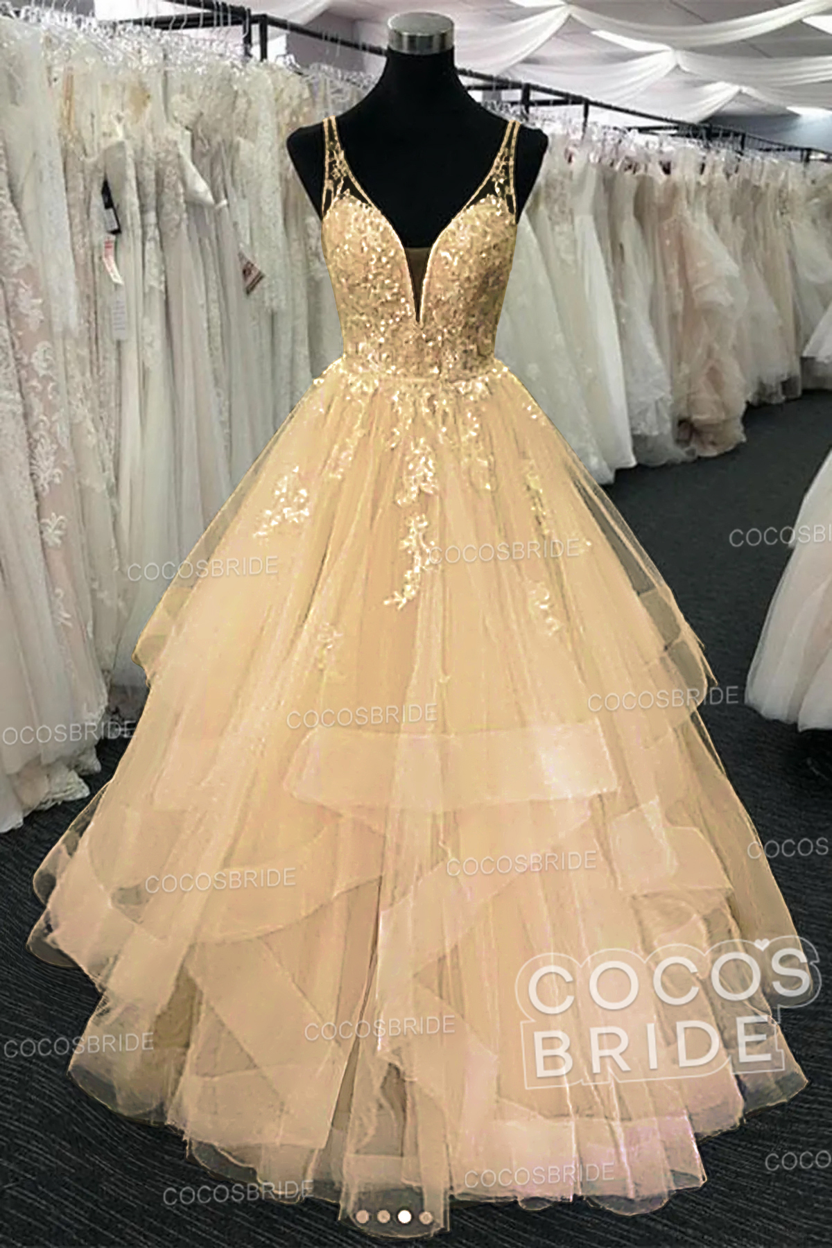 Long A-line Tulle V Neck Open Back Long Layered Wedding Dress