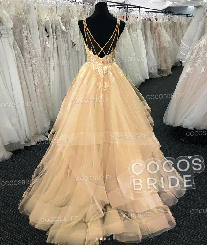 Long A-line Tulle V Neck Open Back Long Layered Wedding Dress
