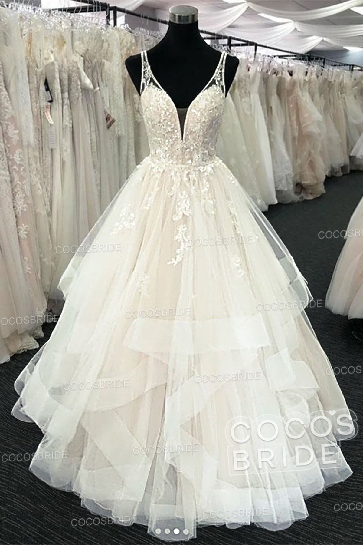 Long A-line Tulle V Neck Open Back Long Layered Wedding Dress