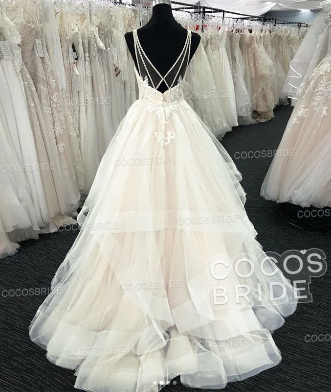 Long A-line Tulle V Neck Open Back Long Layered Wedding Dress