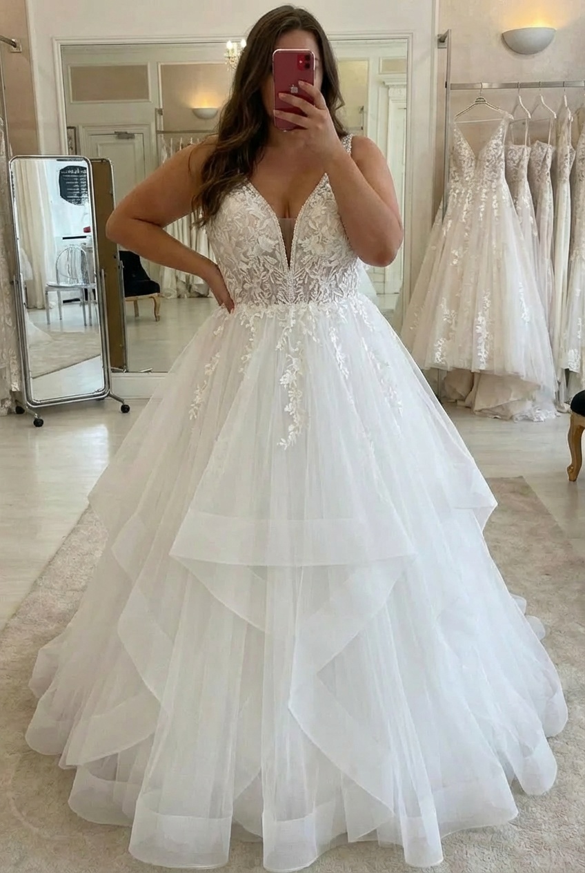 Plus Size A-line Tulle V Neck Open Back Long Layered Wedding Dress