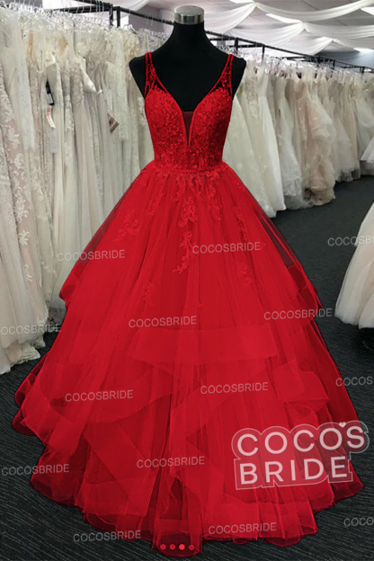 Long A-line Tulle V Neck Open Back Long Layered Wedding Dress