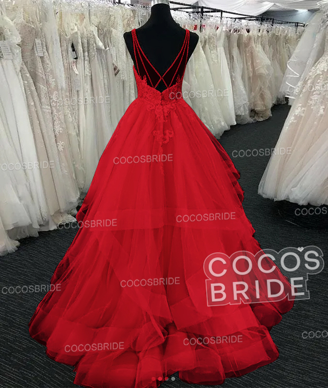 Long A-line Tulle V Neck Open Back Long Layered Wedding Dress