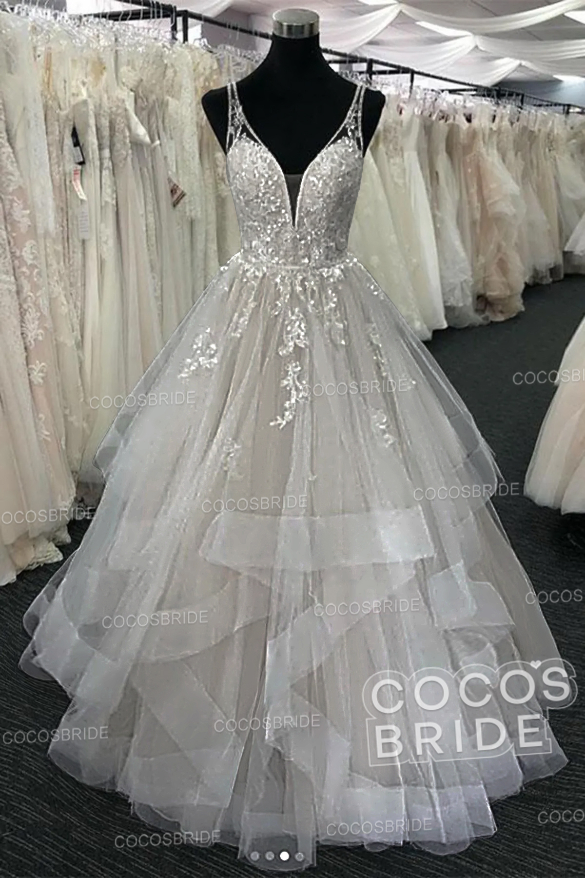 Long A-line Tulle V Neck Open Back Long Layered Wedding Dress