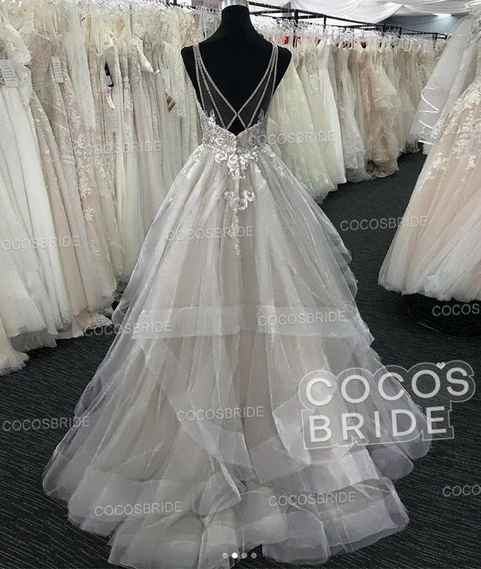Long A-line Tulle V Neck Open Back Long Layered Wedding Dress