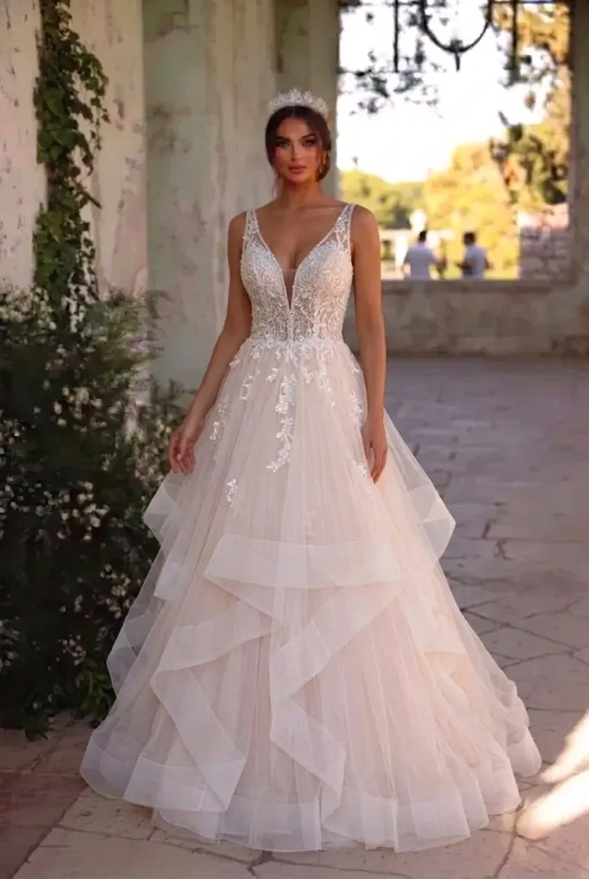 Long A-line Tulle V Neck Open Back Long Layered Wedding Dress