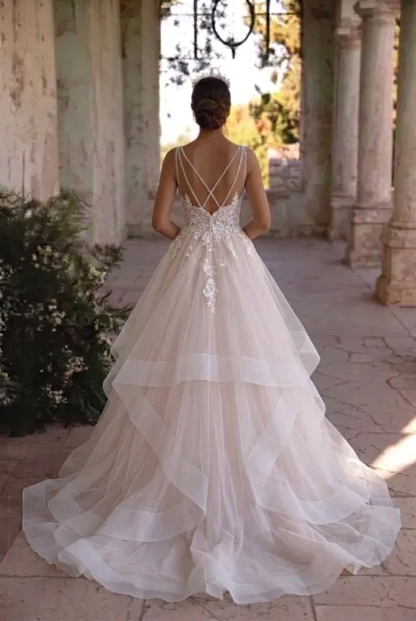 Long A-line Tulle V Neck Open Back Long Layered Wedding Dress