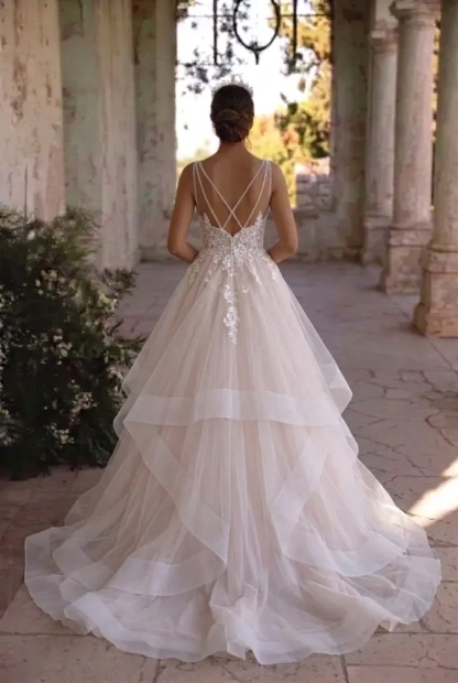 Long A-line Tulle V Neck Open Back Long Layered Wedding Dress