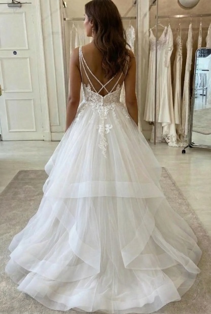 Long A-line Tulle V Neck Open Back Long Layered White Wedding Dress