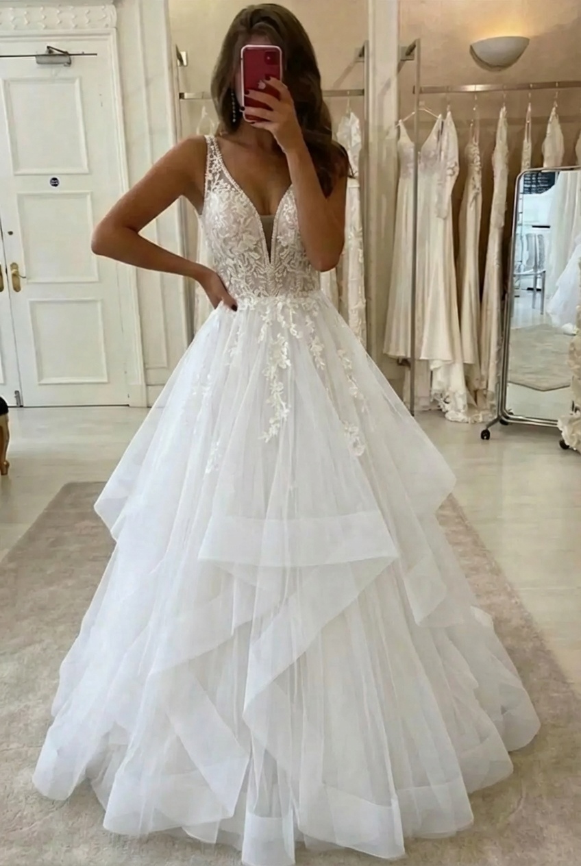 Long A-line Tulle V Neck Open Back Long Layered White Wedding Dress