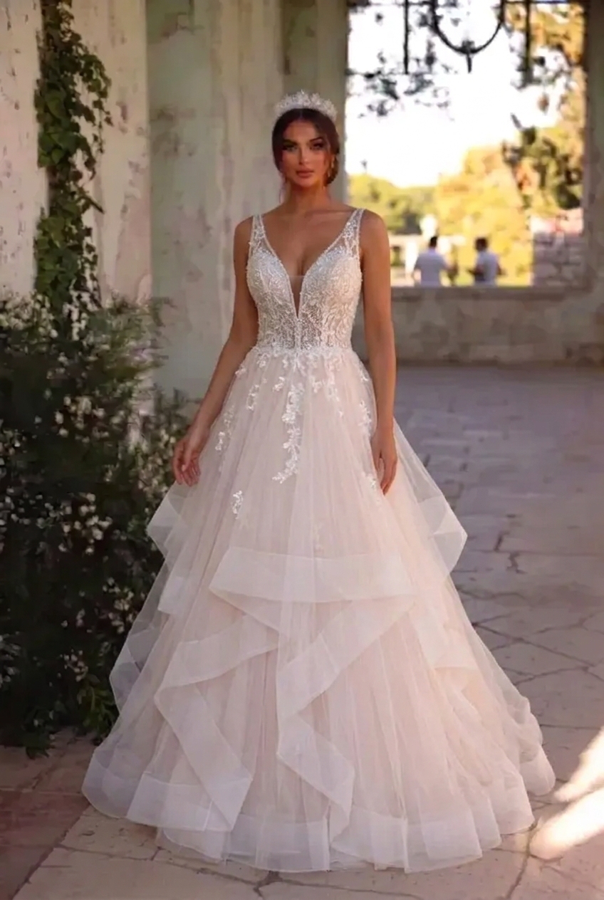 Long A-line Tulle V Neck Open Back Long Layered Wedding Dress