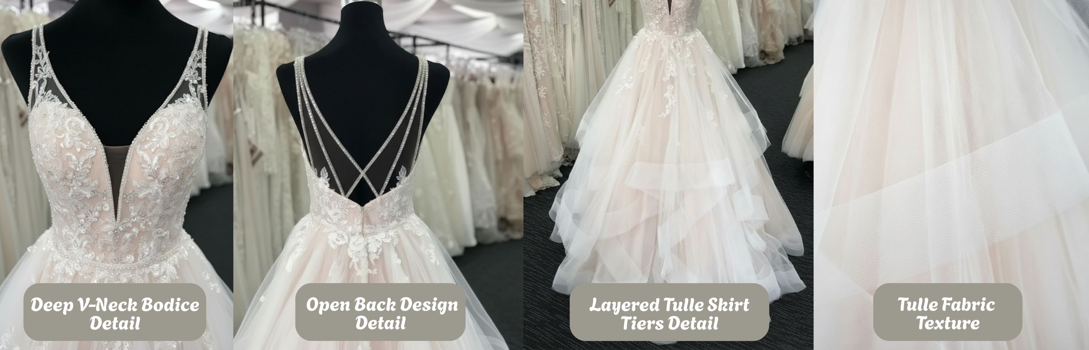 Long A-line Tulle V Neck Open Back Long Layered Wedding Dress-Detail