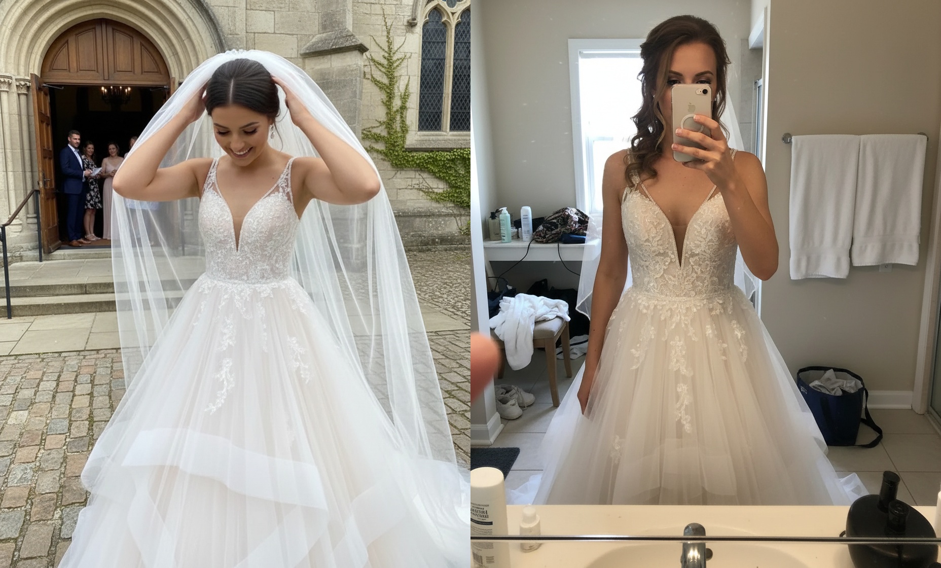 Long A-line Tulle V Neck Open Back Long Layered Wedding Dress-Review1