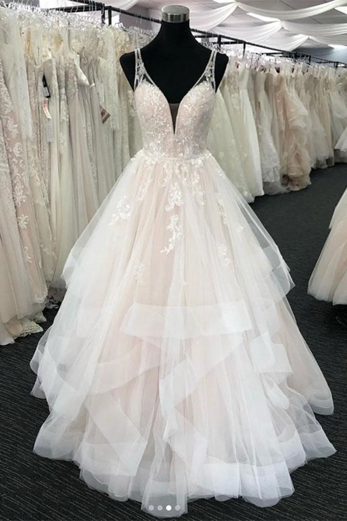 Long A-line Tulle V Neck Open Back Long Layered Wedding Dress