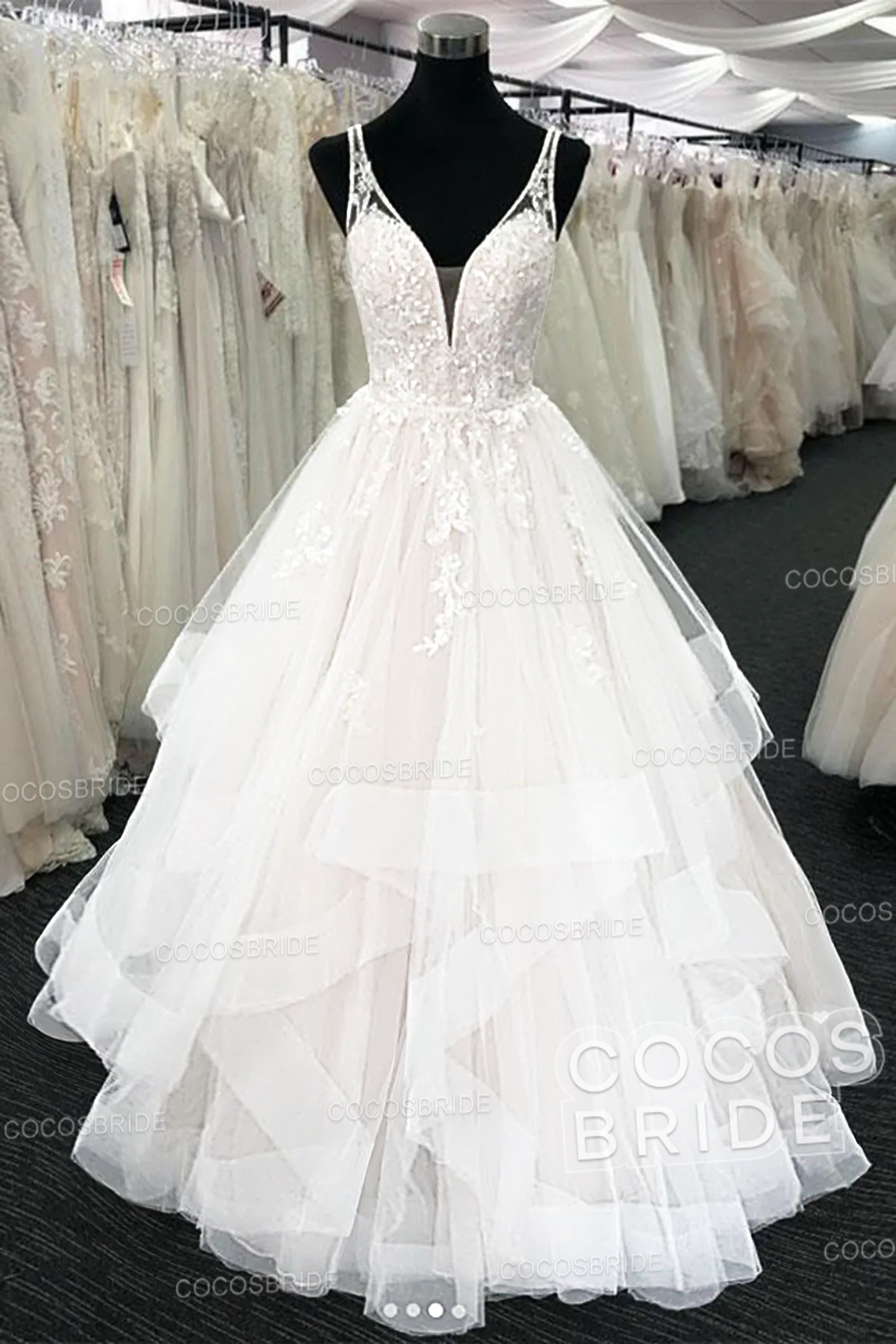 Long A-line Tulle V Neck Open Back Long Layered Wedding Dress