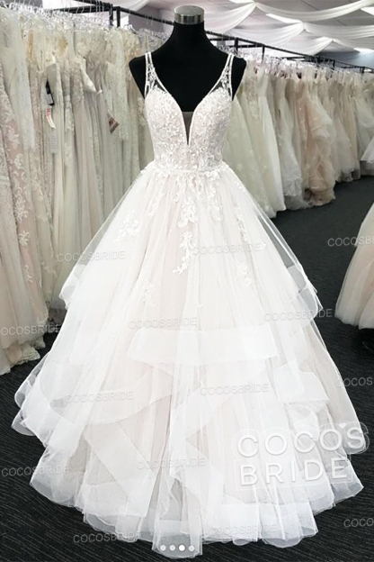 Long A-line Tulle V Neck Open Back Long Layered Wedding Dress