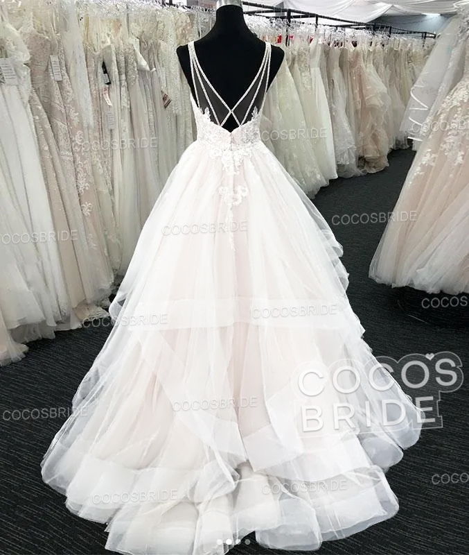 Long A-line Tulle V Neck Open Back Long Layered Wedding Dress