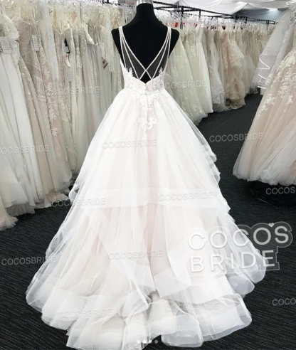 Long A-line Tulle V Neck Open Back Long Layered Wedding Dress