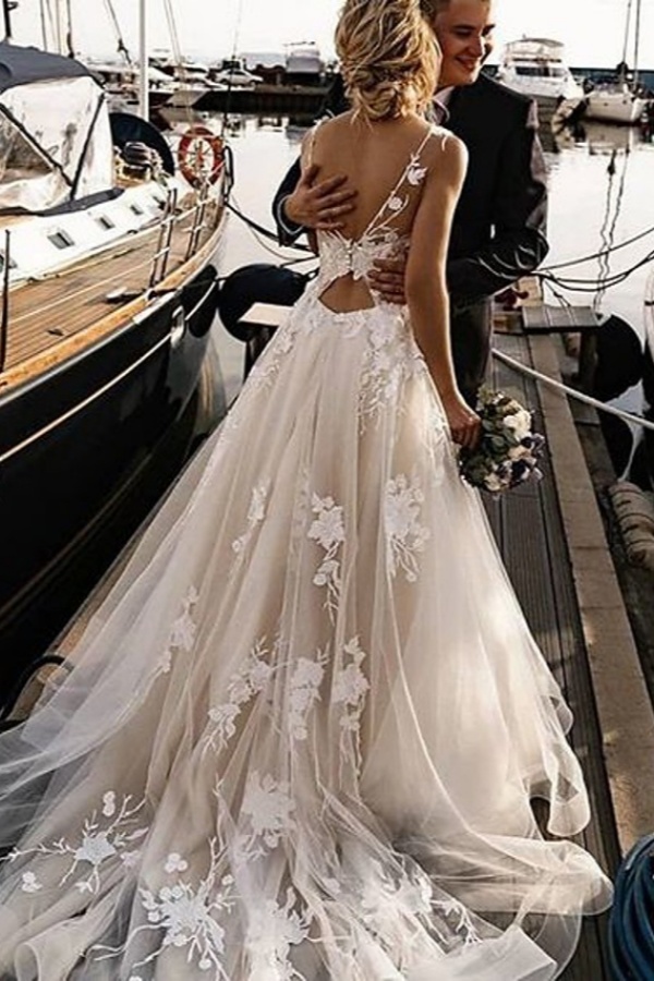 Long A-line V Neck Court Train Tulle Spaghetti Strap Backless Wedding Dresses