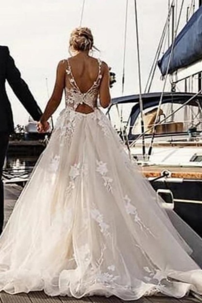 Long A-line V Neck Court Train Tulle Spaghetti Strap Backless Wedding Dresses