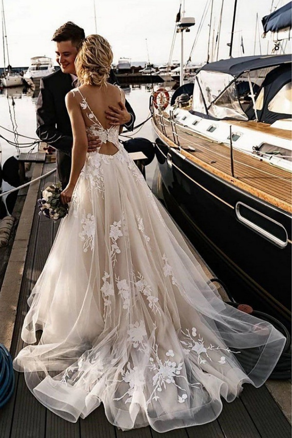 Long A-line V Neck Court Train Tulle Spaghetti Strap Backless Wedding Dresses