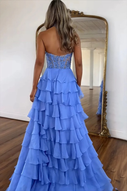 A-line V-neck Chiffon Lace Halter Prom Dress with Slit