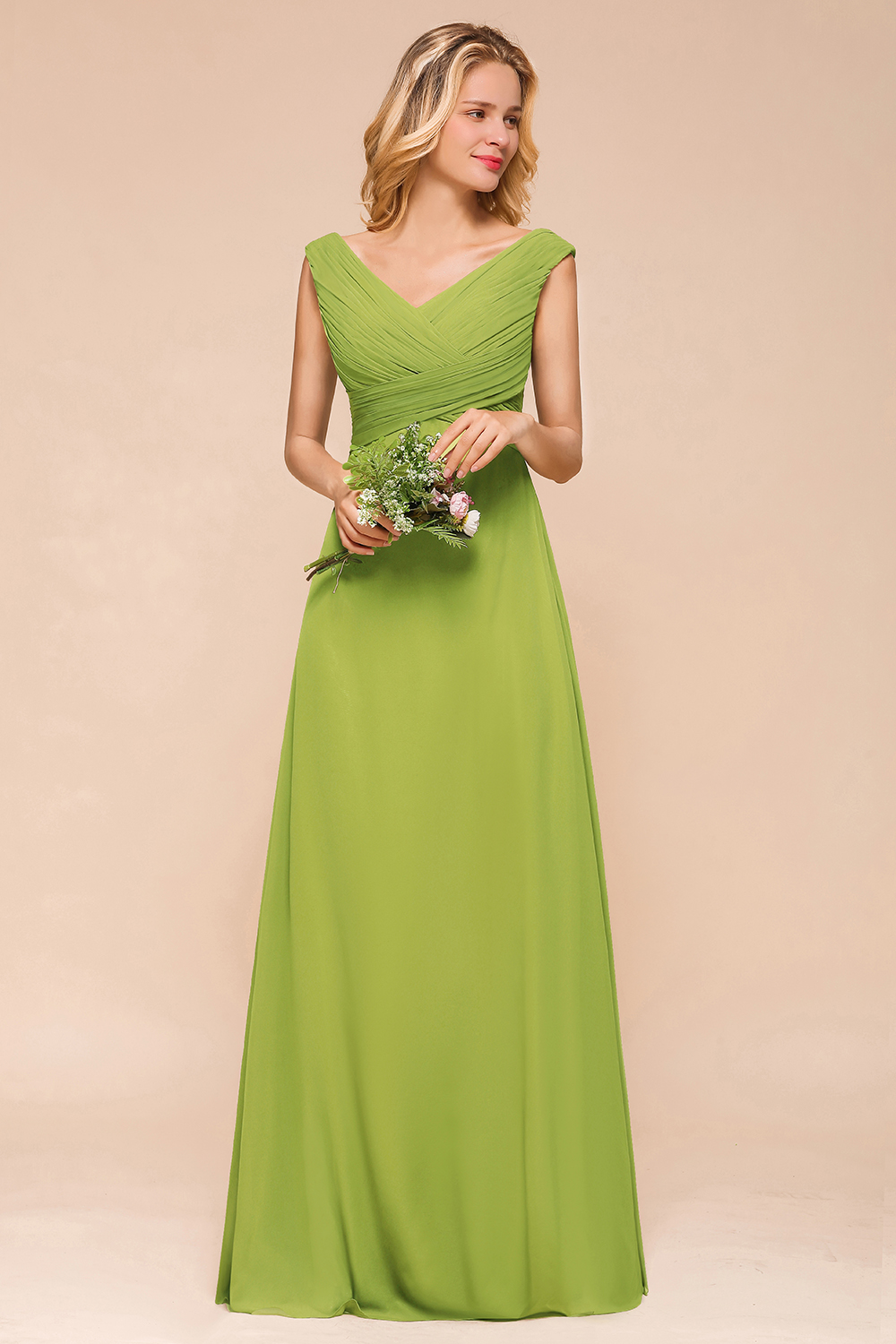 Long A-line V-neck Chiffon Green Bridesmaid Dress