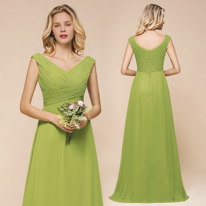Long A-line V-neck Chiffon Green Bridesmaid Dress