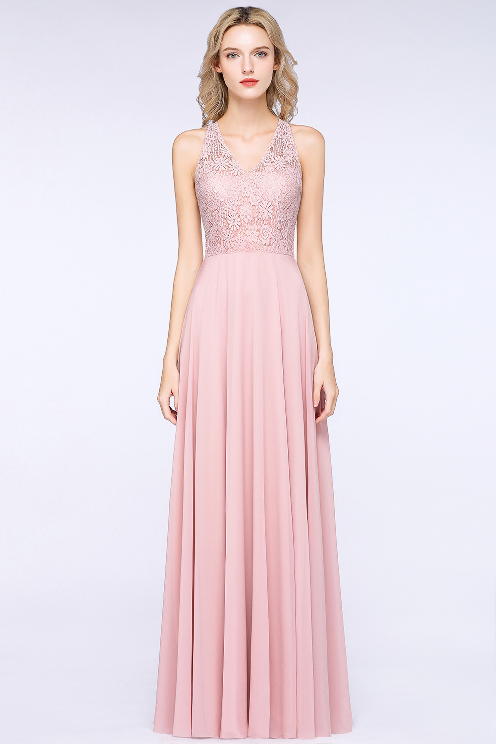 Long A-line V-neck Chiffon Lace Sleeveless Bridesmaid Dress