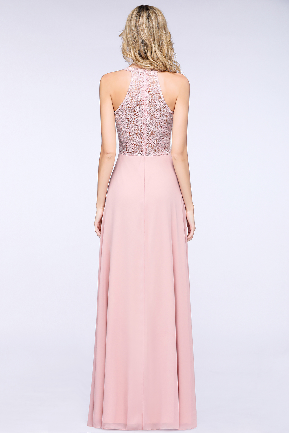 Long A-line V-neck Chiffon Lace Sleeveless Bridesmaid Dress