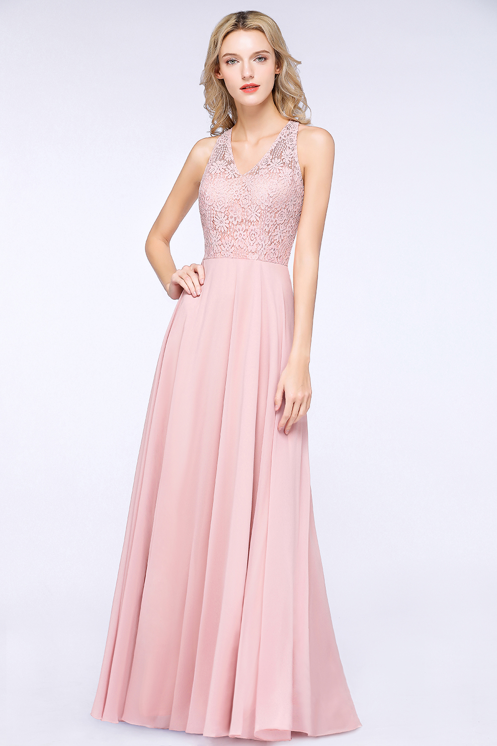 Long A-line V-neck Chiffon Lace Sleeveless Bridesmaid Dress