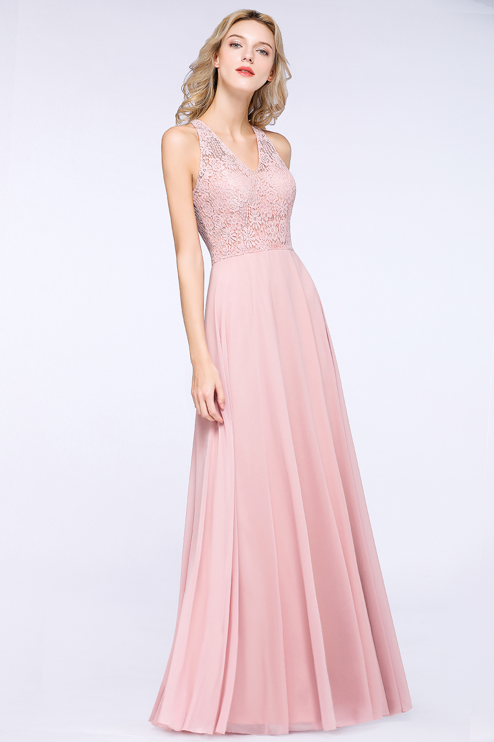 Long A-line V-neck Chiffon Lace Sleeveless Bridesmaid Dress