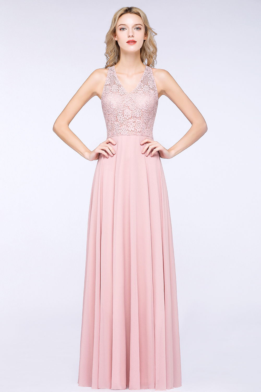 Long A-line V-neck Chiffon Lace Sleeveless Bridesmaid Dress