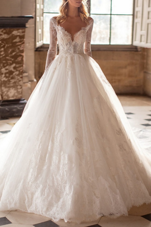 Long A-line V-neck Court Train Lace Tulle Wedding Dresses with Sleeves