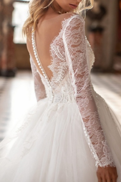 Long A-line V-neck Court Train Lace Tulle Wedding Dresses with Sleeves