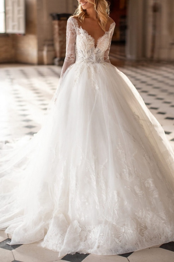 Long A-line V-neck Court Train Lace Tulle Wedding Dresses with Sleeves