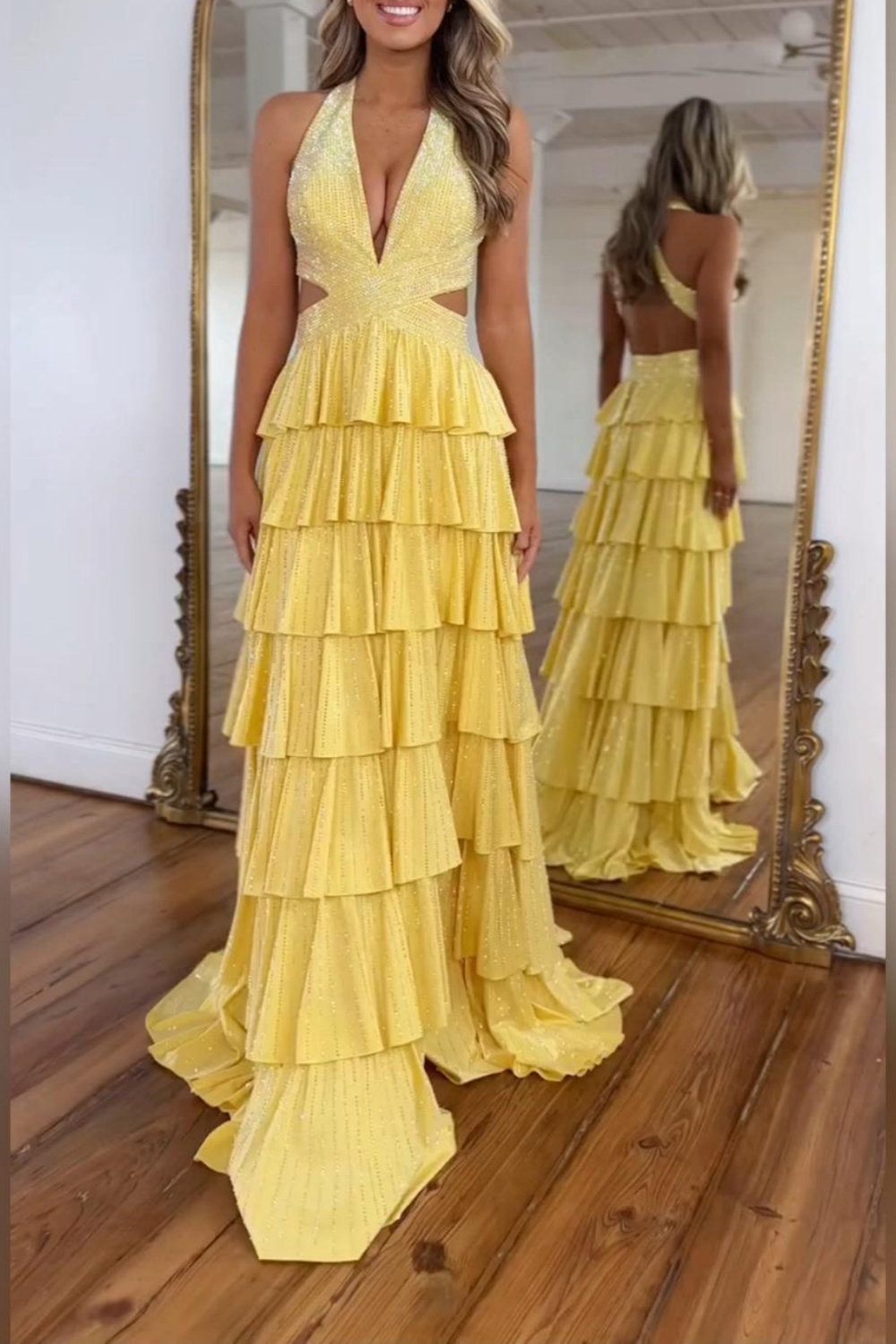 Long A-line V-neck Halter Open Back Yellow Prom Dress with Slit