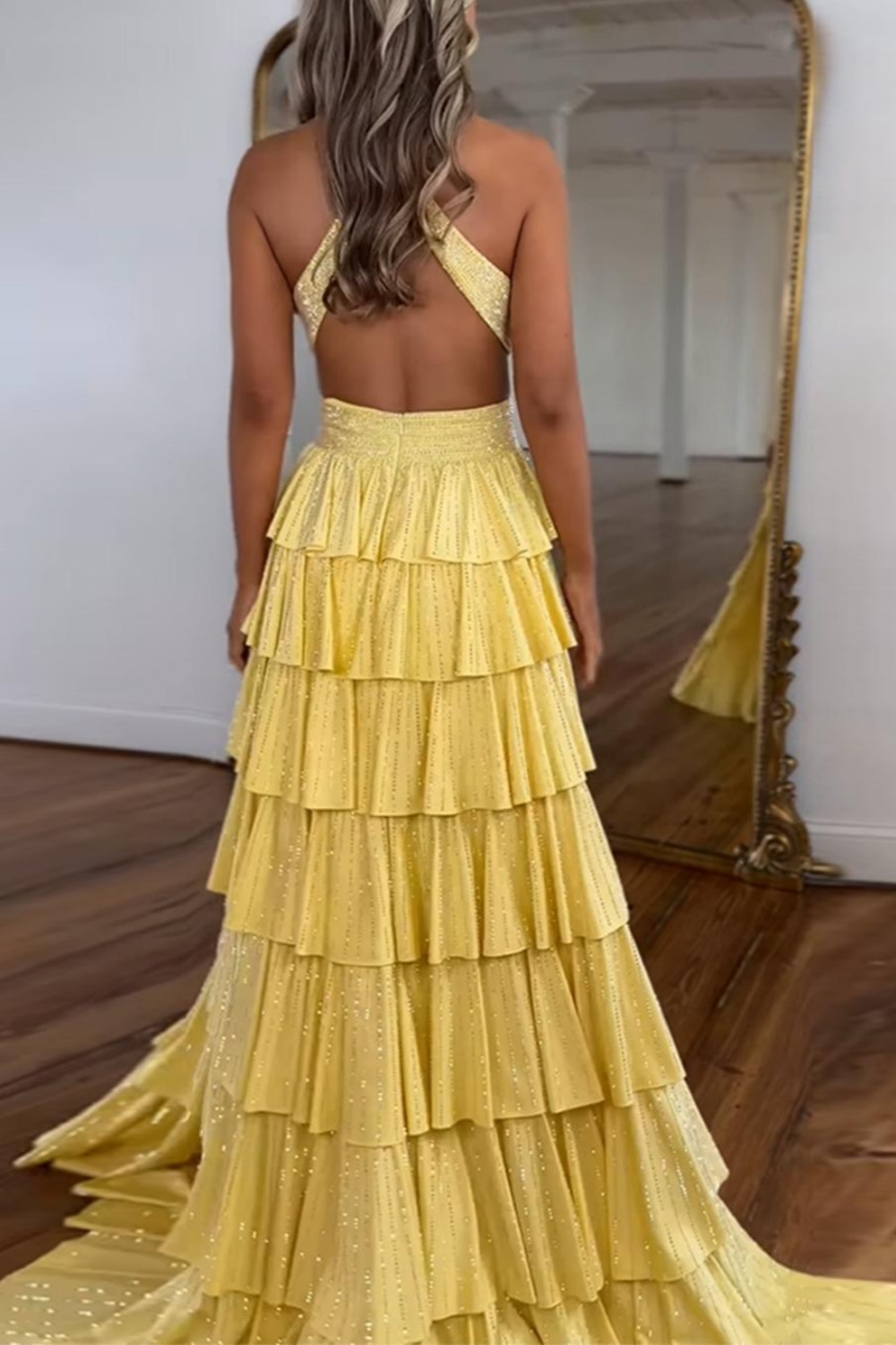 Long A-line V-neck Halter Open Back Yellow Prom Dress with Slit