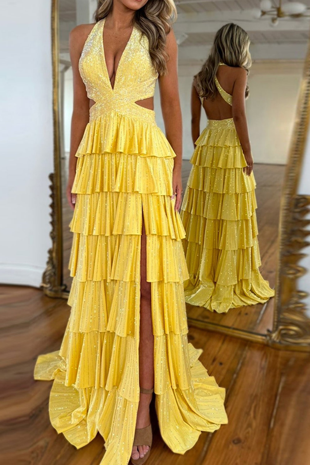 Long A-line V-neck Halter Open Back Yellow Prom Dress with Slit