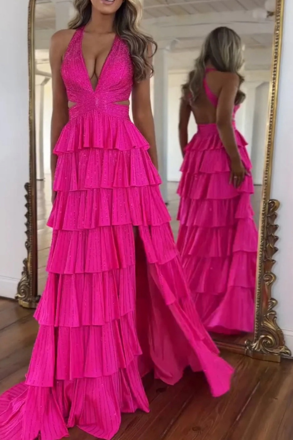 Hot Pink Long A-line V-neck Halter Open Back Prom Dress with Slit