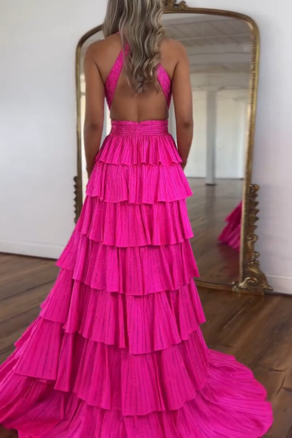 Hot Pink Long A-line V-neck Halter Open Back Prom Dress with Slit