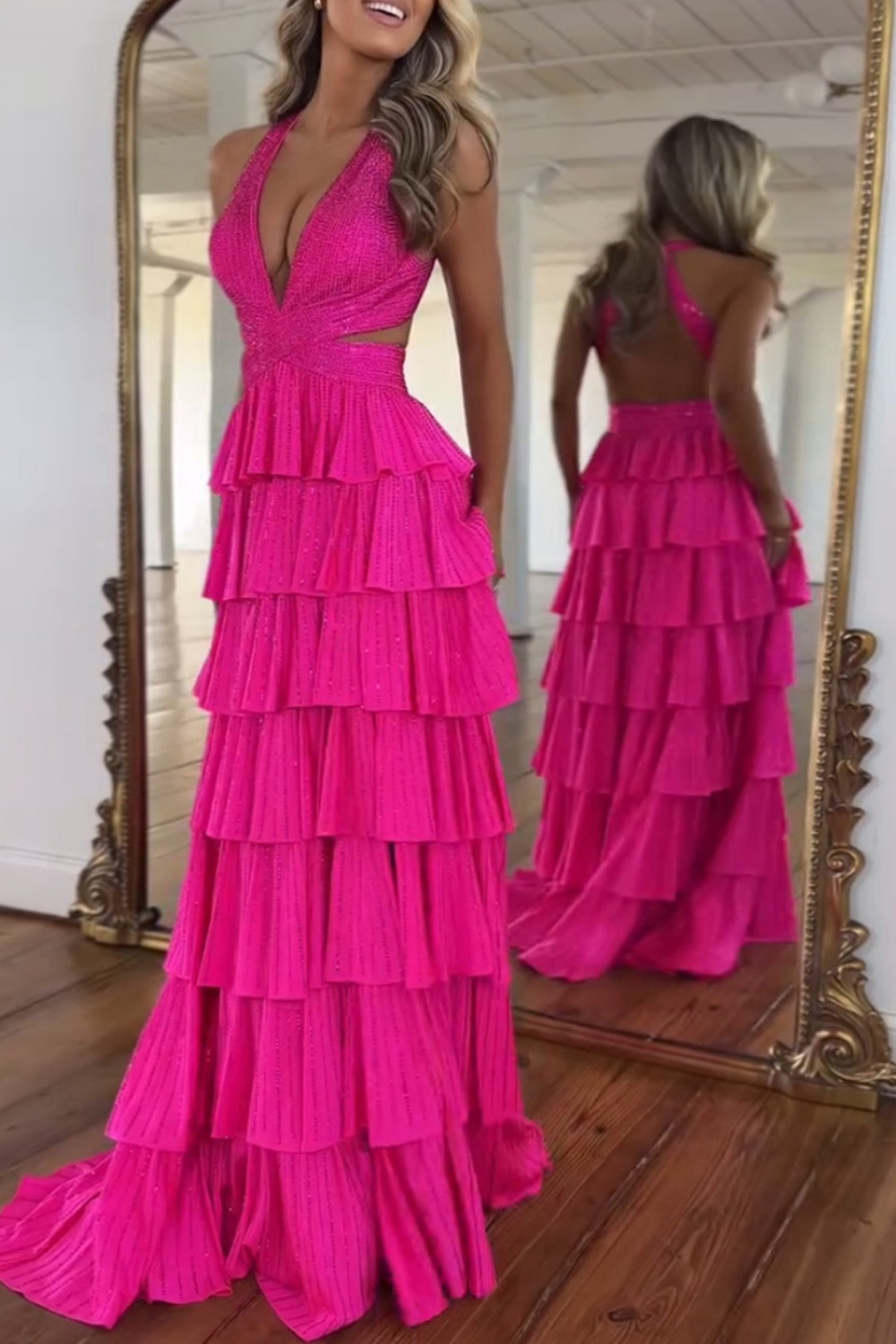 Hot Pink Long A-line V-neck Halter Open Back Prom Dress with Slit