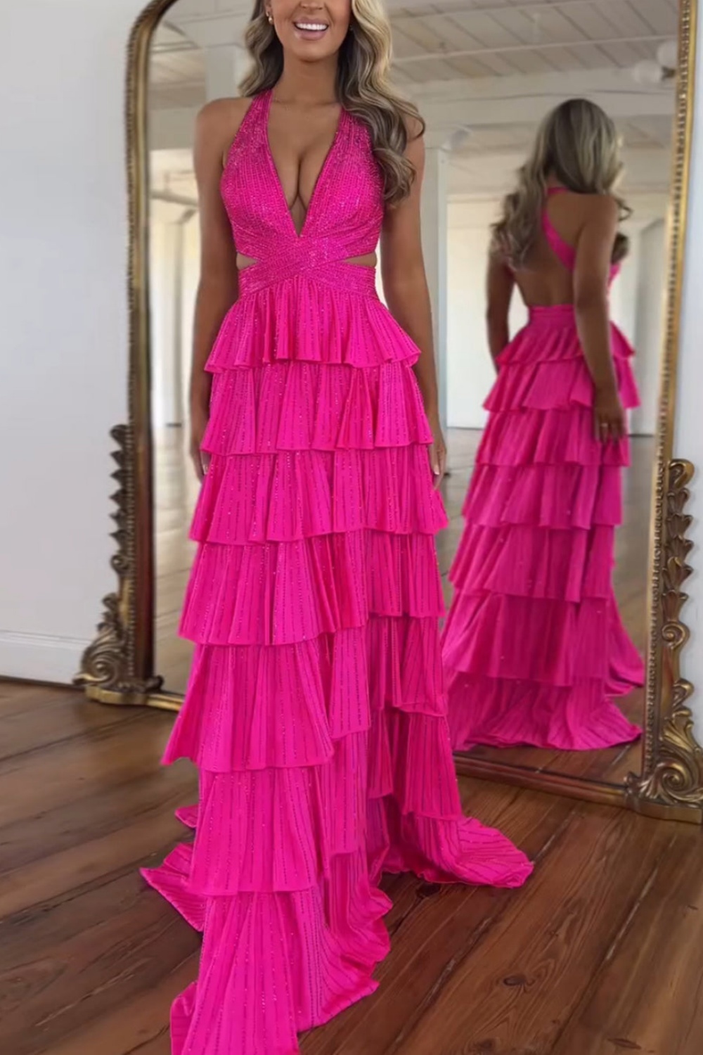 Hot Pink Long A-line V-neck Halter Open Back Prom Dress with Slit