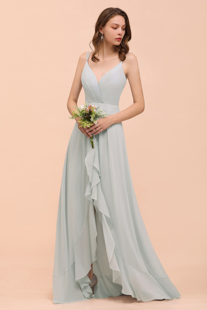 Long A-line V-neck Ruffle Chiffon Bridesmaid Dress