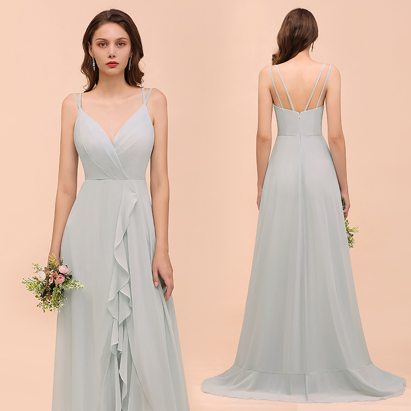 Long A-line V-neck Ruffle Chiffon Bridesmaid Dress – COCOSBRIDE