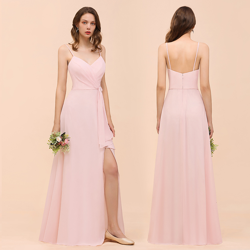 Long A-line V-neck Spaghetti Straps Ruffle Blushing Pink Chiffon Bridesmaid Dress