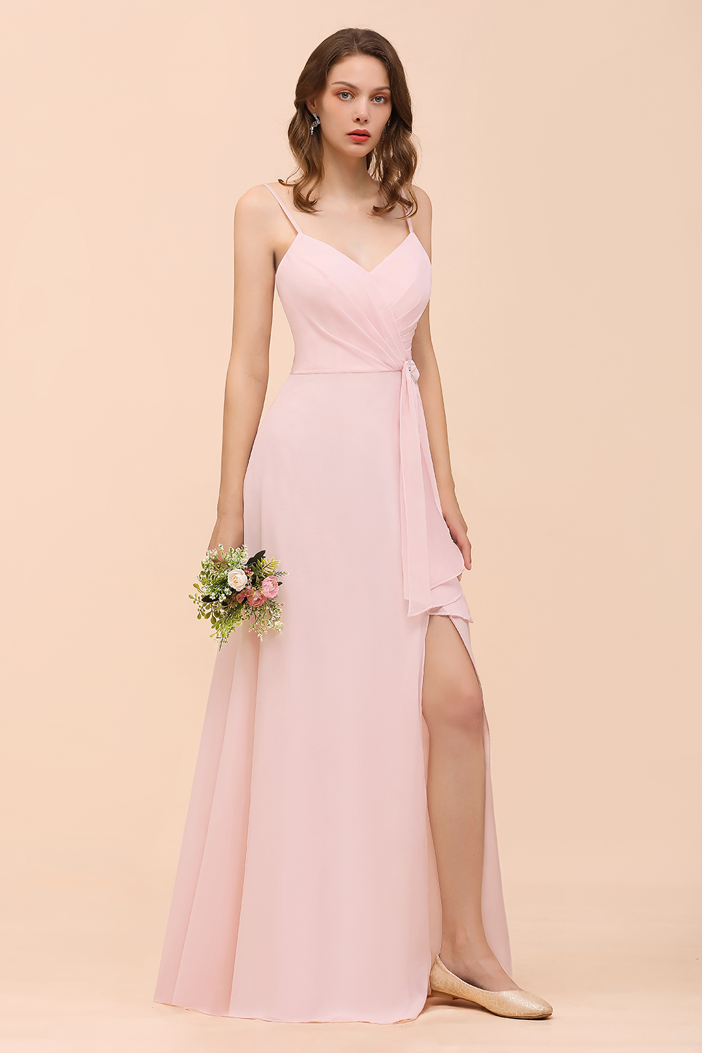 Long A-line V-neck Spaghetti Straps Ruffle Blushing Pink Chiffon Bridesmaid Dress